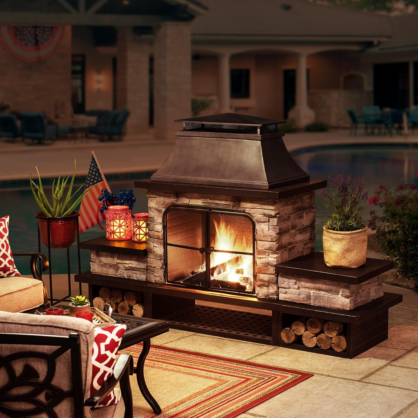 Outdoor Fireplace, Patio Wood Burning Fireplace with Steel Chimney, Mesh Spark Screen Doors, Fire Poker, and Removable Grate, Black
