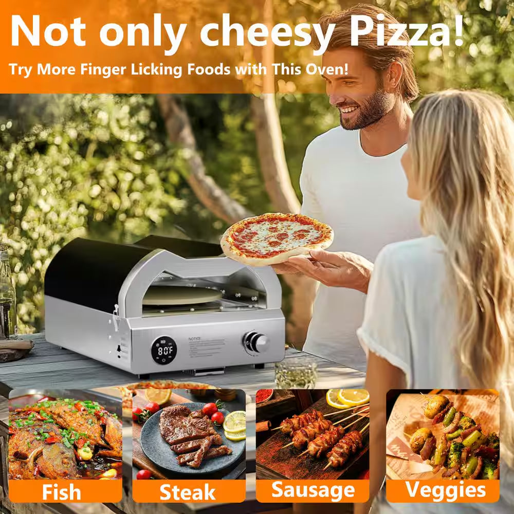 12 In. Propane Pizza Oven, Outdoor Pizza Oven in Black with Rotating Pizza Stone, Pizza Cutter and Glove