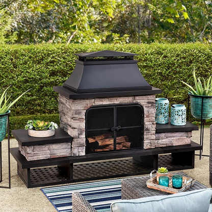 Outdoor Fireplace, Patio Wood Burning Fireplace with Steel Chimney, Mesh Spark Screen Doors, Fire Poker, and Removable Grate, Black