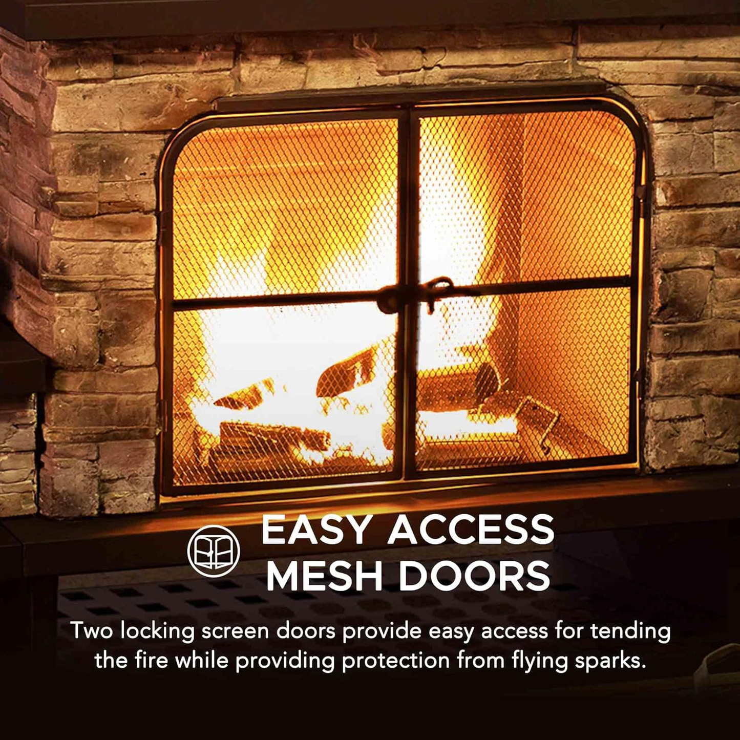 Outdoor Fireplace, Patio Wood Burning Fireplace with Steel Chimney, Mesh Spark Screen Doors, Fire Poker, and Removable Grate, Black