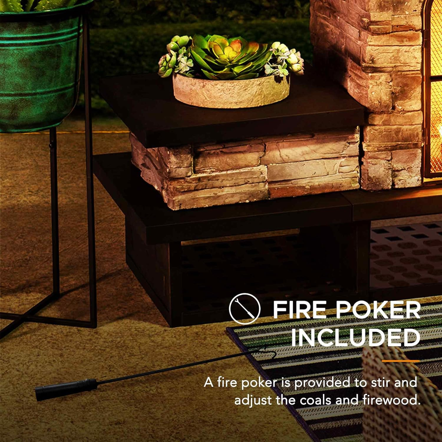 Outdoor Fireplace, Patio Wood Burning Fireplace with Steel Chimney, Mesh Spark Screen Doors, Fire Poker, and Removable Grate, Black