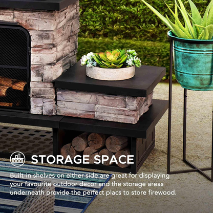 Outdoor Fireplace, Patio Wood Burning Fireplace with Steel Chimney, Mesh Spark Screen Doors, Fire Poker, and Removable Grate, Black