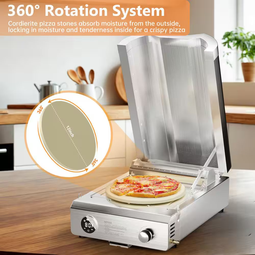 12 In. Propane Pizza Oven, Outdoor Pizza Oven in Black with Rotating Pizza Stone, Pizza Cutter and Glove