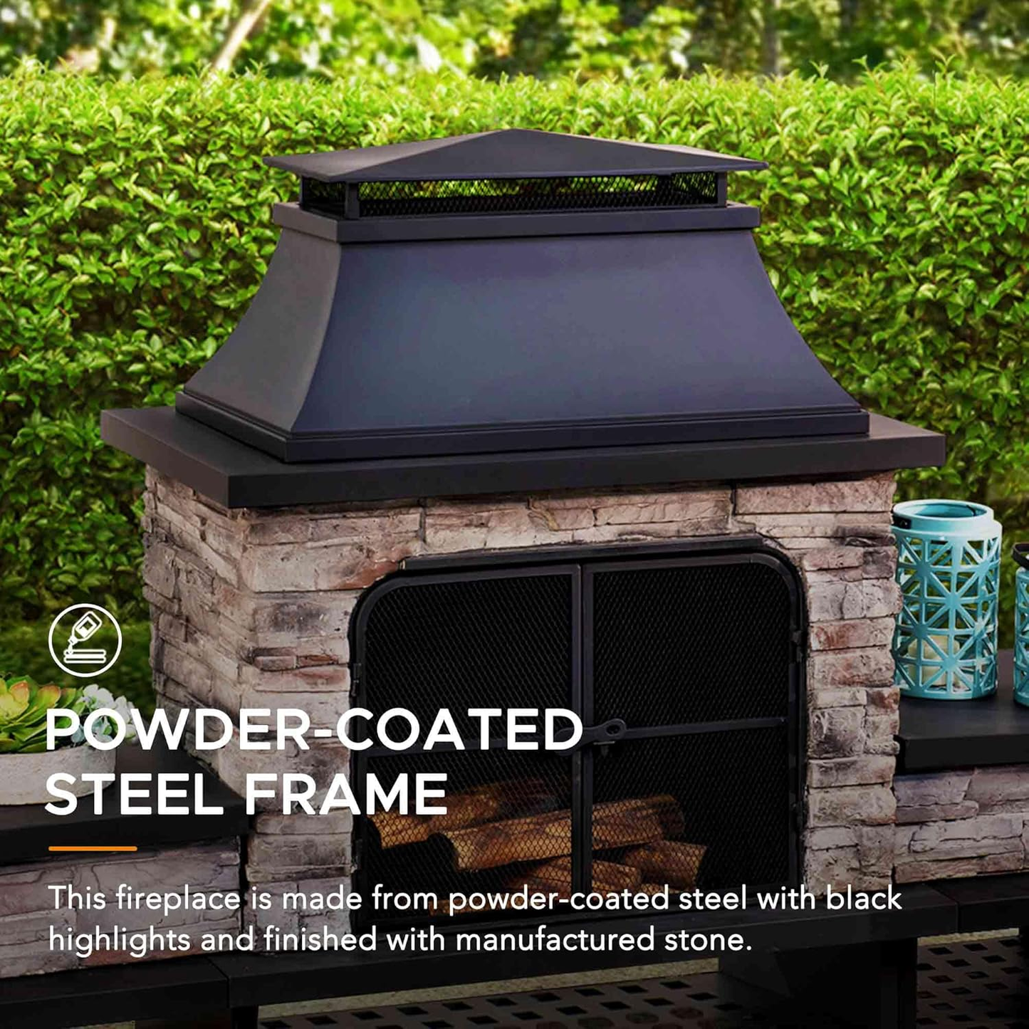 Outdoor Fireplace, Patio Wood Burning Fireplace with Steel Chimney, Mesh Spark Screen Doors, Fire Poker, and Removable Grate, Black