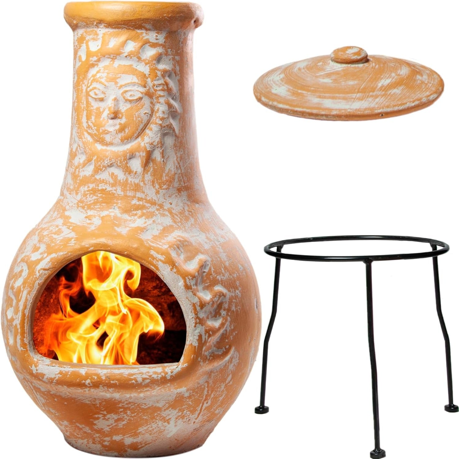 Yellow Terracotta Medium Chiminea Outdoor Fireplace with Metal Stand 16X16X32-In