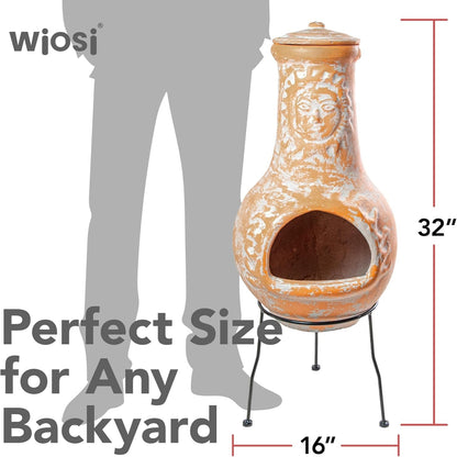 Yellow Terracotta Medium Chiminea Outdoor Fireplace with Metal Stand 16X16X32-In