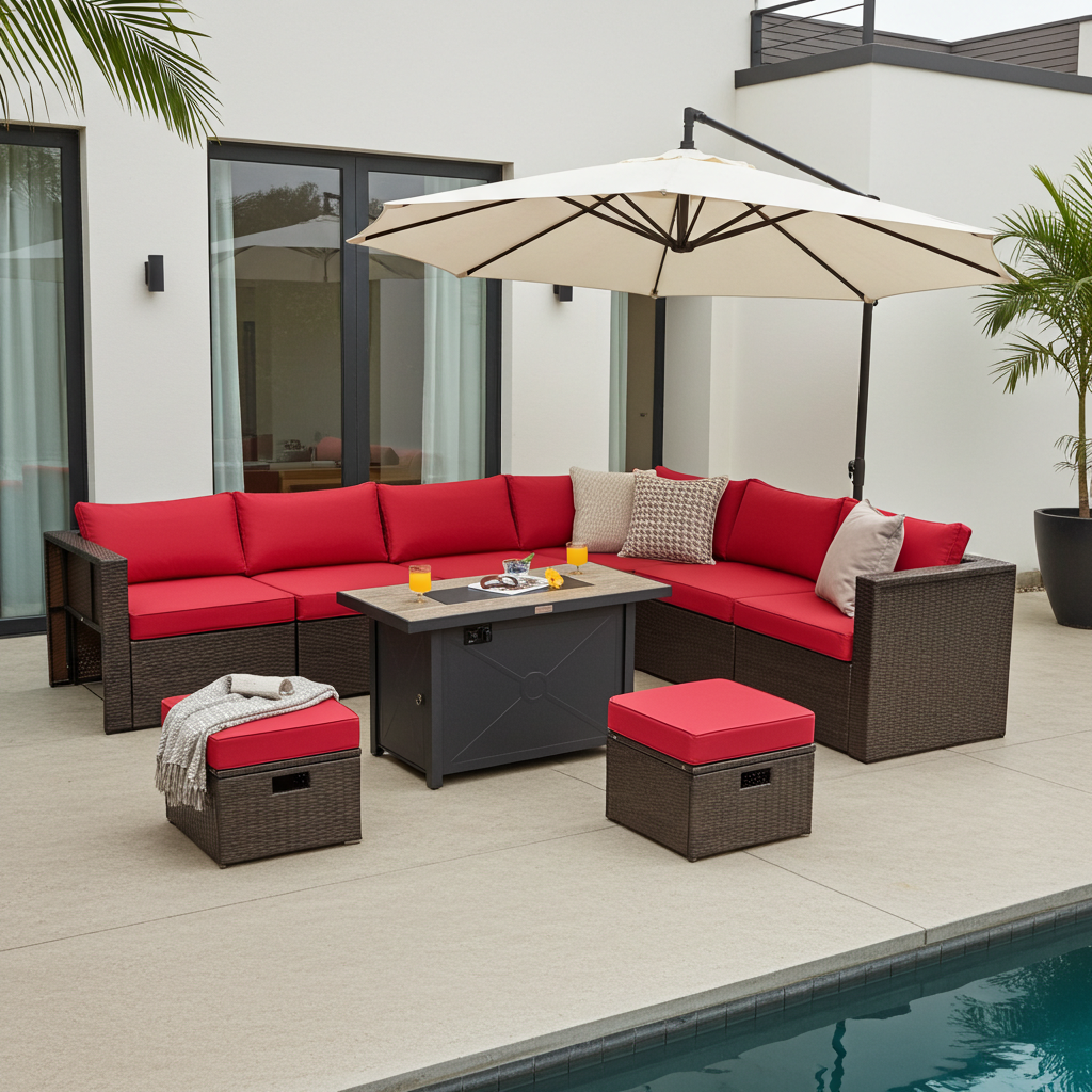 9 Pieces Outdoor Patio Furniture Set with 42 Inch Propane Fire Pit Table