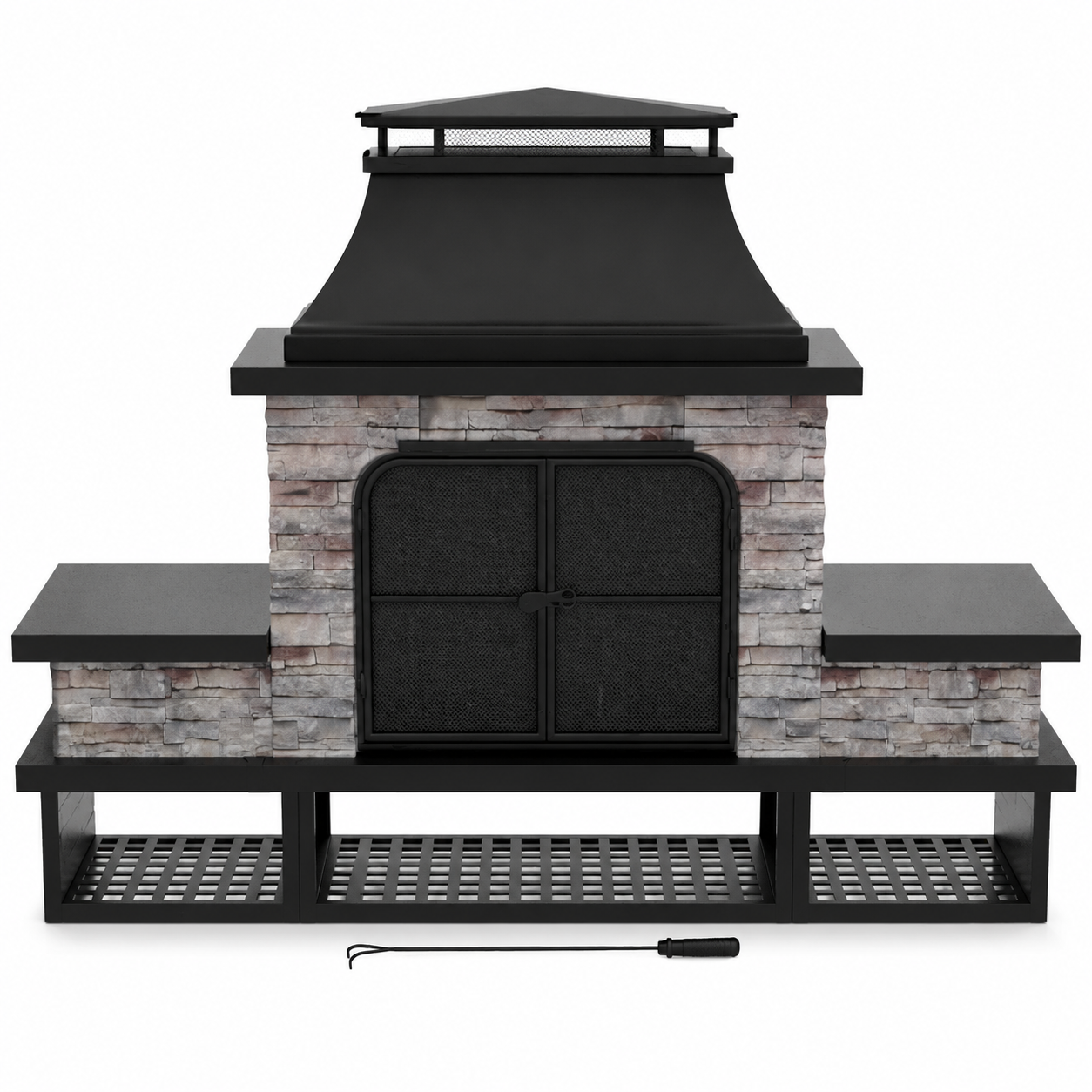 Outdoor Fireplace, Patio Wood Burning Fireplace with Steel Chimney, Mesh Spark Screen Doors, Fire Poker, and Removable Grate, Black