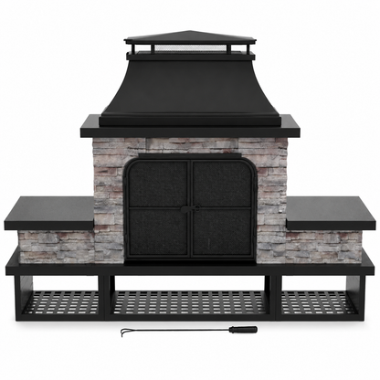 Outdoor Fireplace, Patio Wood Burning Fireplace with Steel Chimney, Mesh Spark Screen Doors, Fire Poker, and Removable Grate, Black