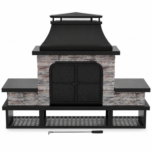 Outdoor Fireplace, Patio Wood Burning Fireplace with Steel Chimney, Mesh Spark Screen Doors, Fire Poker, and Removable Grate, Black